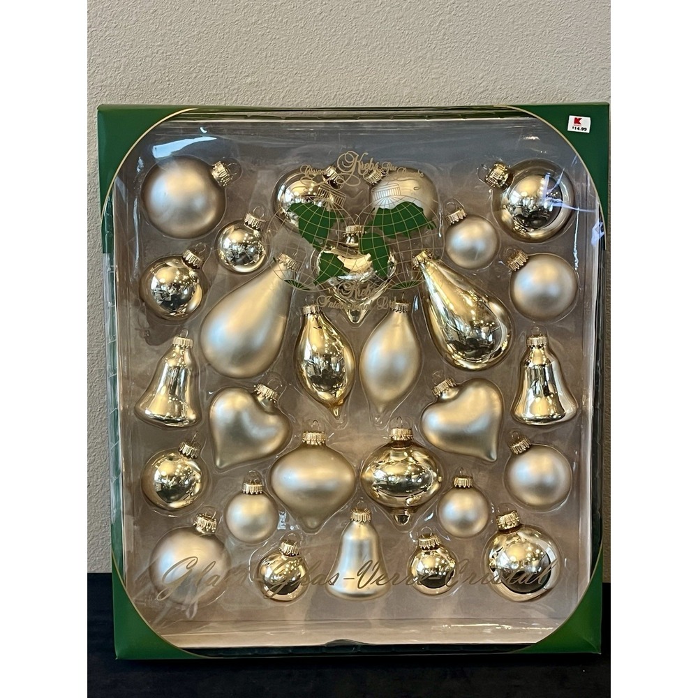 Krebs International 28 Glass Christmas Ornaments Gold Assorted Shapes Boxed
